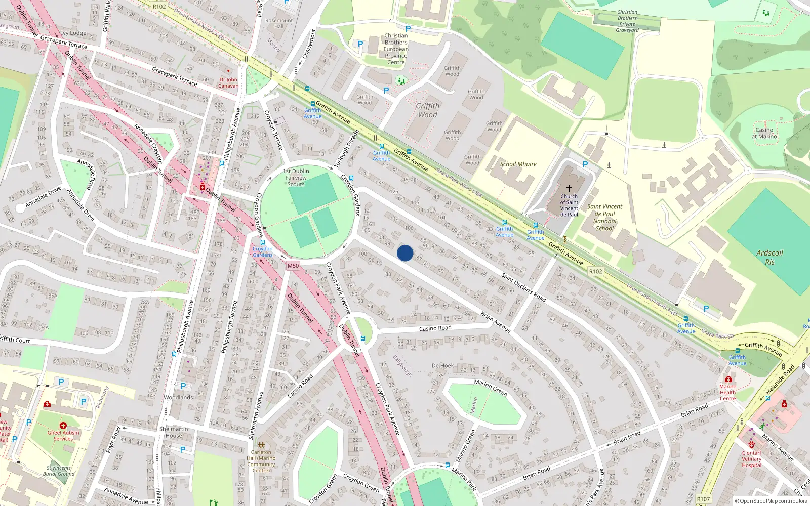 Overhead map showing the location of 91 Brian Avenue, Marino, Dublin 3, D03 X8y1