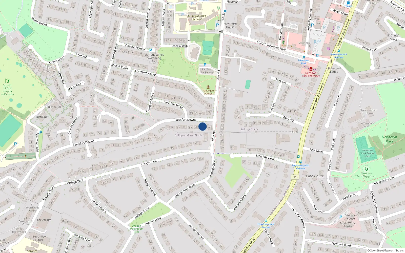 Overhead map showing the location of 91 Carysfort Downs, Blackrock