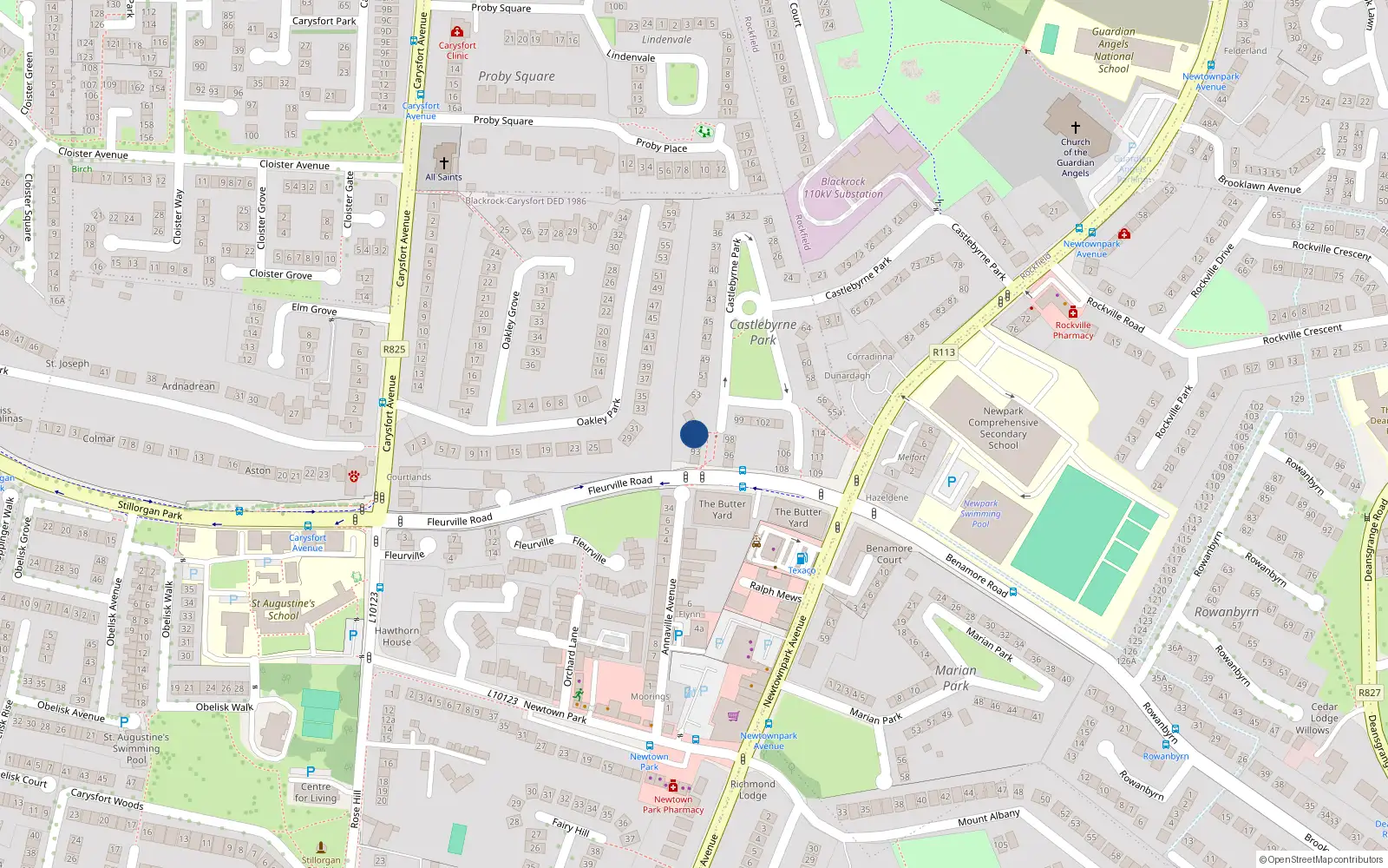 Overhead map showing the location of 91 Castlebyrne Park, Blackrock, Dublin