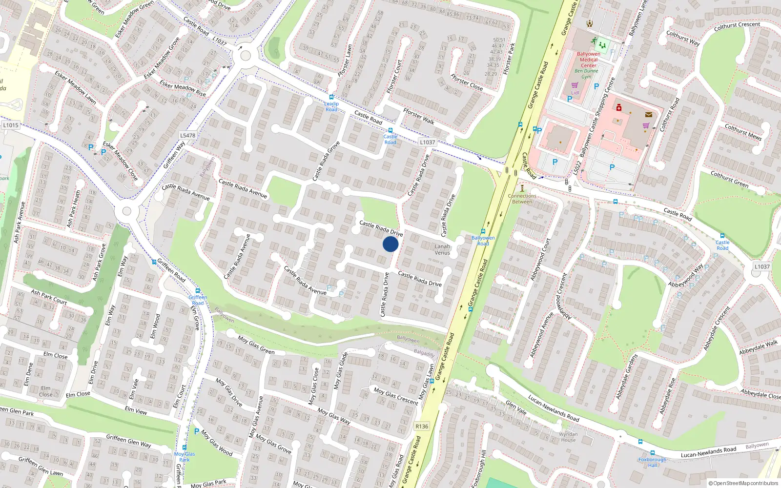 Overhead map showing the location of 91 Castleriada Drive, Lucan, Dublin