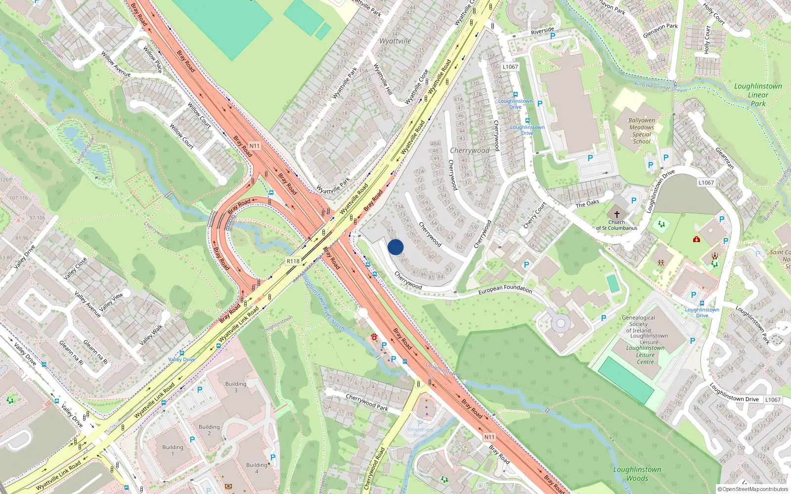 Overhead map showing the location of 91 Cherrywood, Loughlinstown, Dun Laoghaire