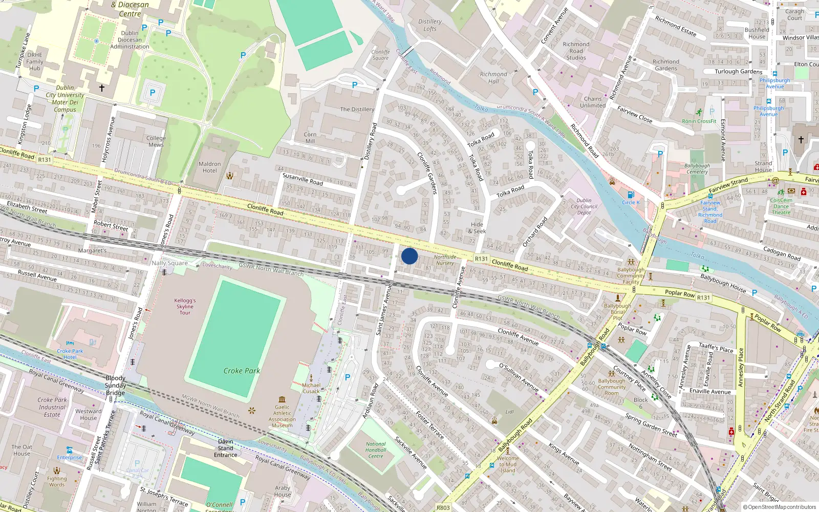 Overhead map showing the location of 91 Clonliffe Road, Dublin 3, Dublin