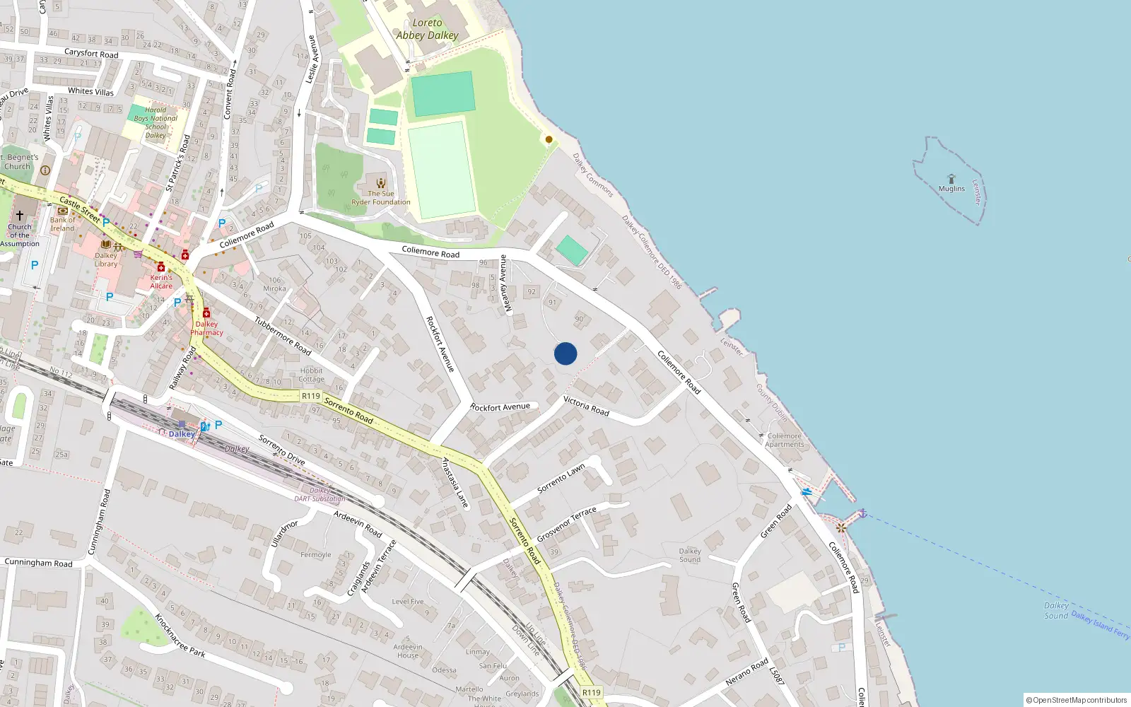 Overhead map showing the location of 91 Coliemore Road, Dalkey, Co Dublin