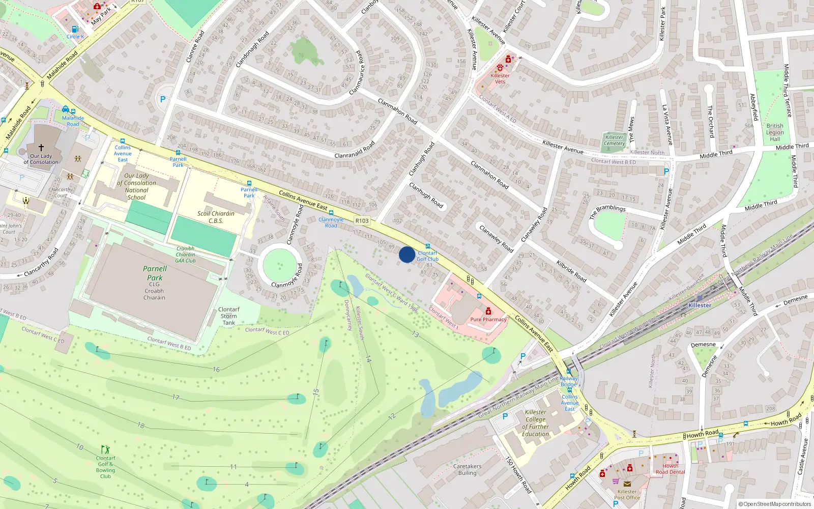 Overhead map showing the location of 91 Collins Avenue East, Killester, Dublin 5