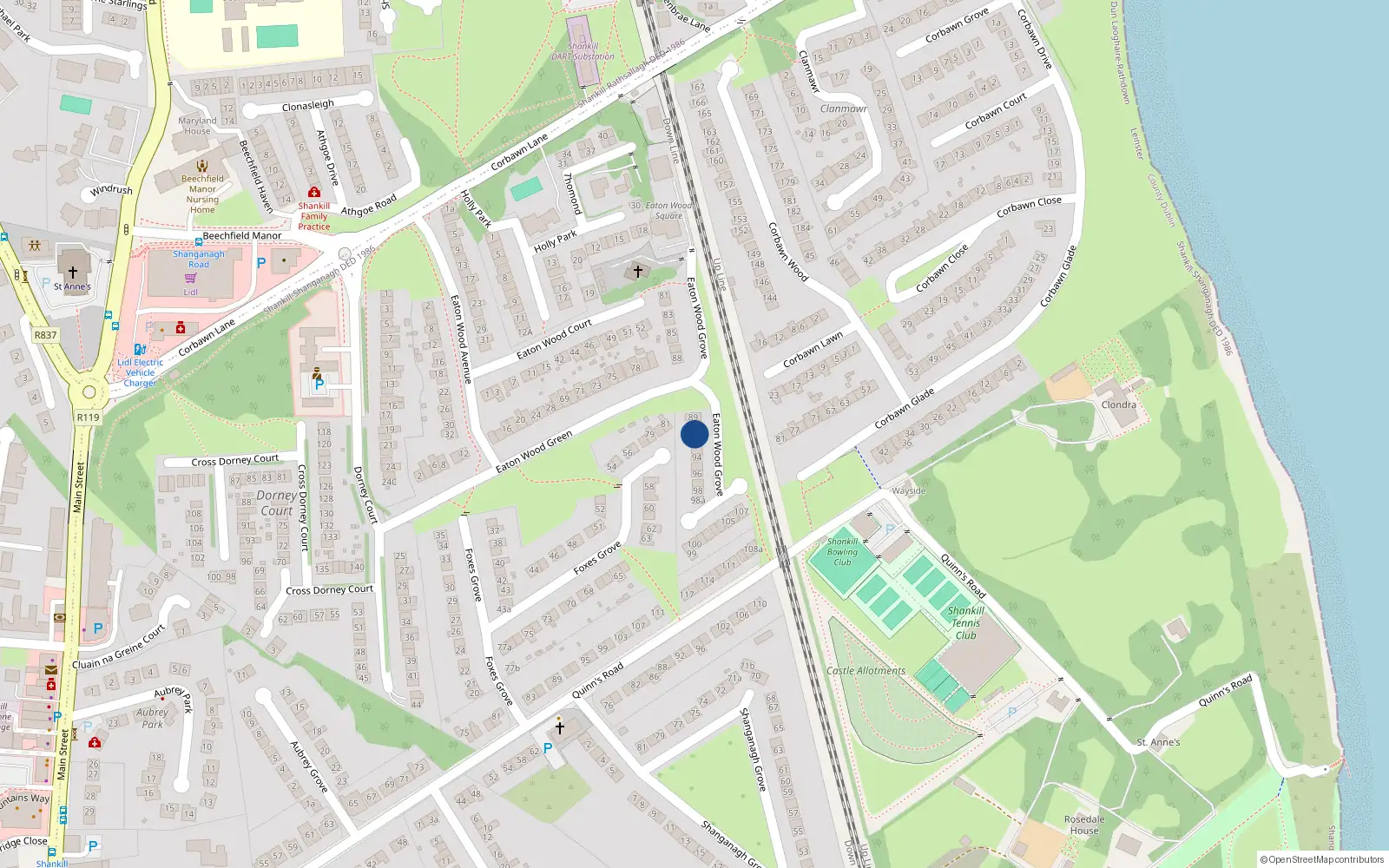 Overhead map showing the location of 91 Eaton Wood Grove, Shankill
