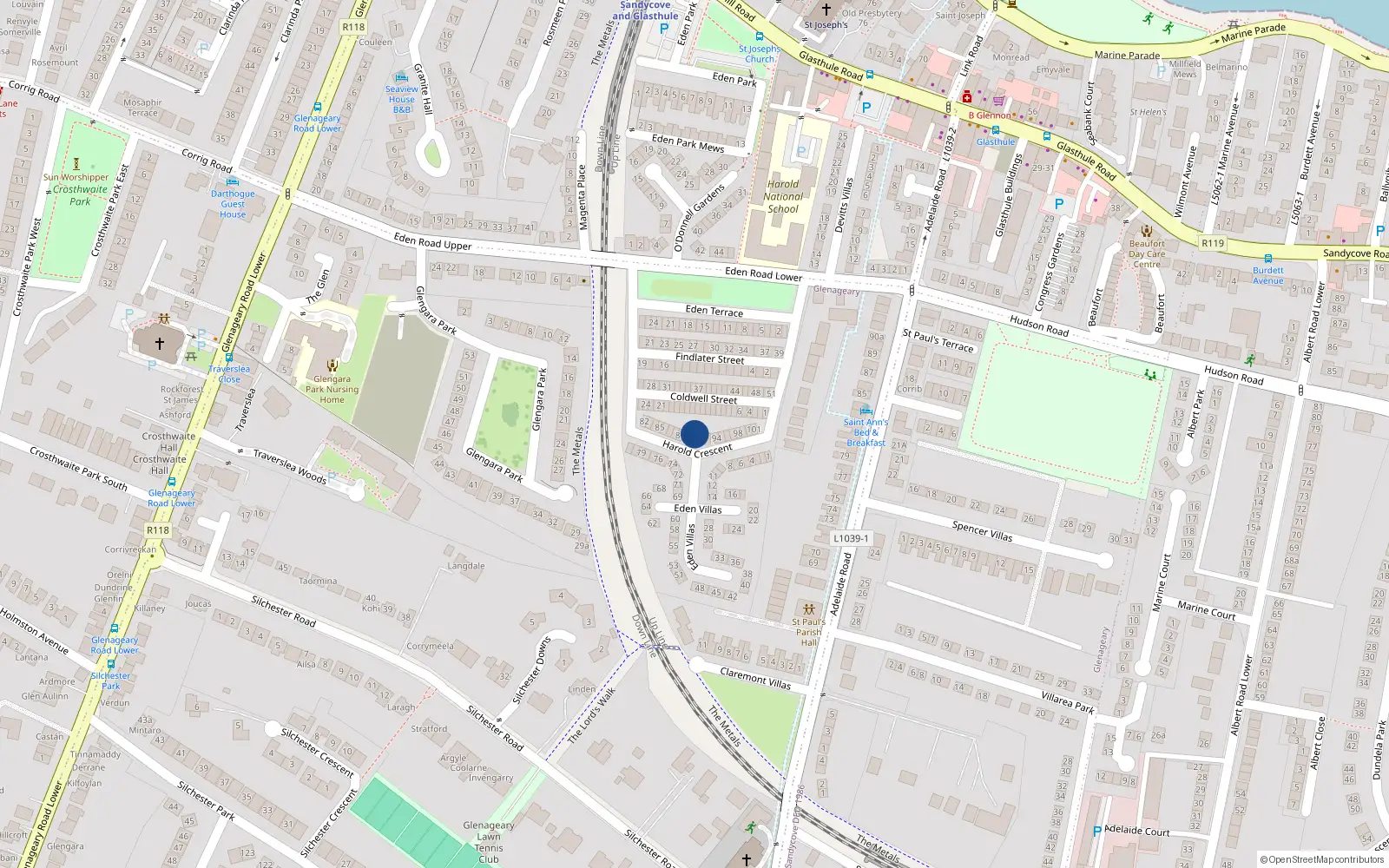 Overhead map showing the location of 91 Eden Villas, Glasthule, Dublin