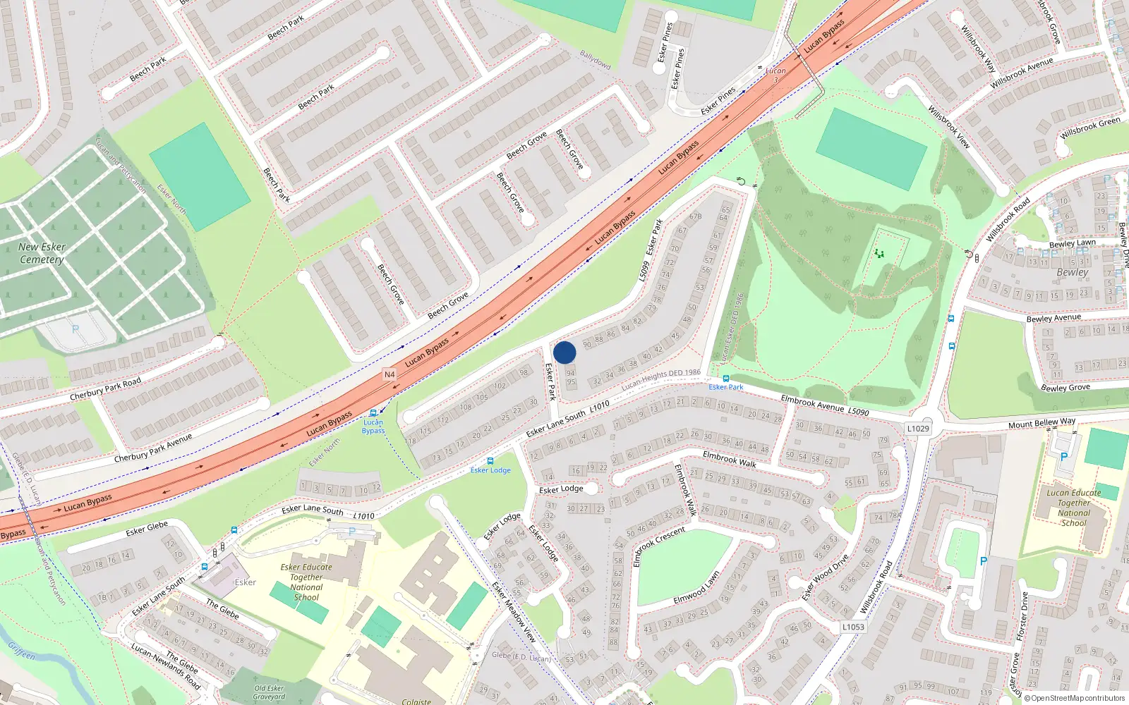 Overhead map showing the location of 91 Esker Park, Lucan, Co Dublin