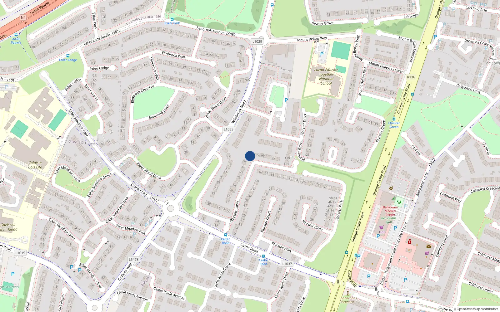 Overhead map showing the location of 91 Fforster Lawn, Ballydowd Manor, Lucan
