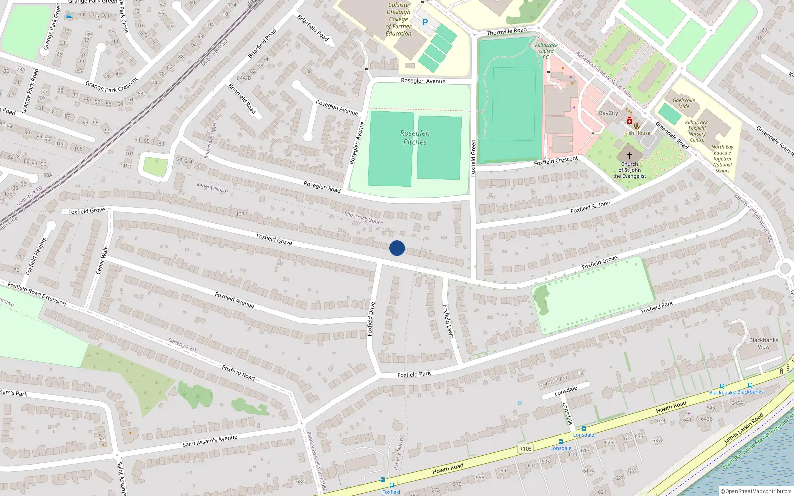 Overhead map showing the location of 91 Foxfield Grove, Dublin 5