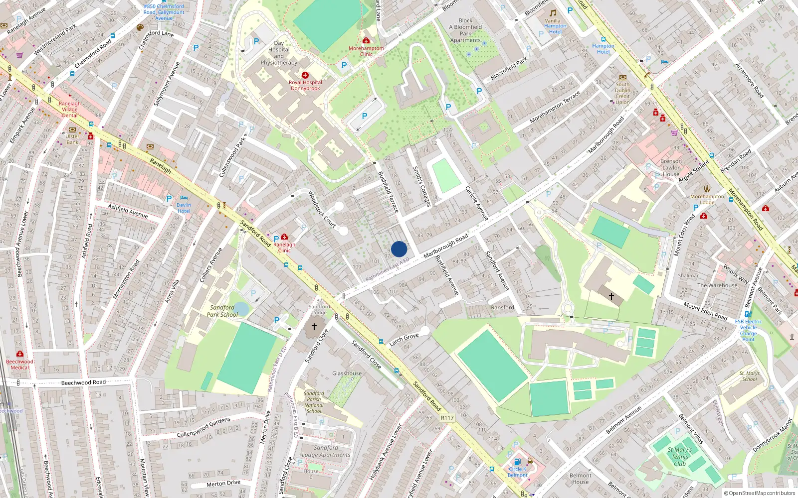Overhead map showing the location of 91 Marlborough Road, Donnybrook