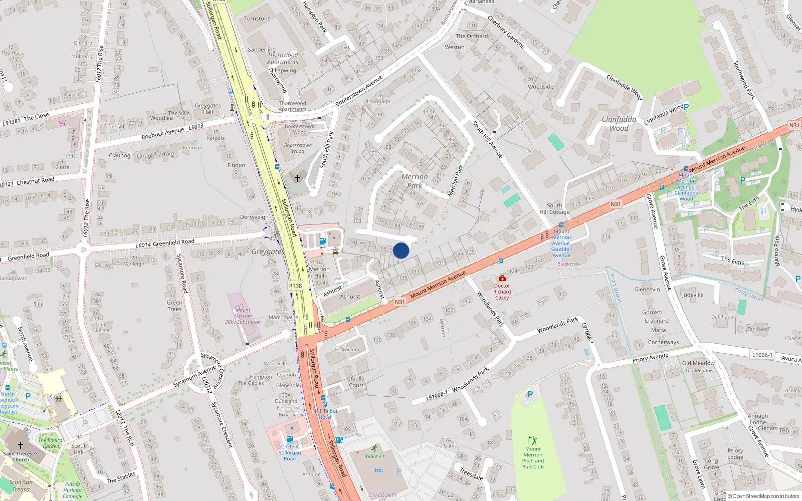 Overhead map showing the location of 91 Merrion Park, Blackrock, Dublin