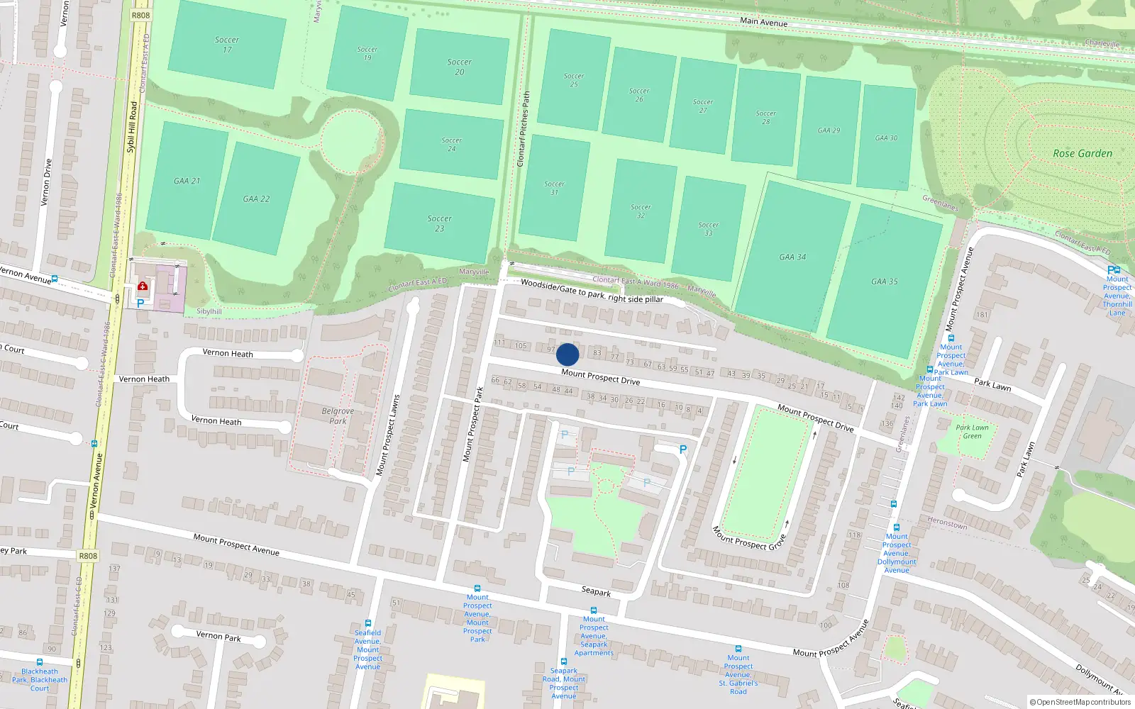 Overhead map showing the location of 91 Mount Prospect Drive, Clontarf, Dublin 3