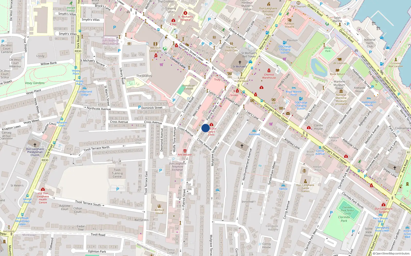 Overhead map showing the location of 91 Patrick St, Dun Laoghaire, Dublin