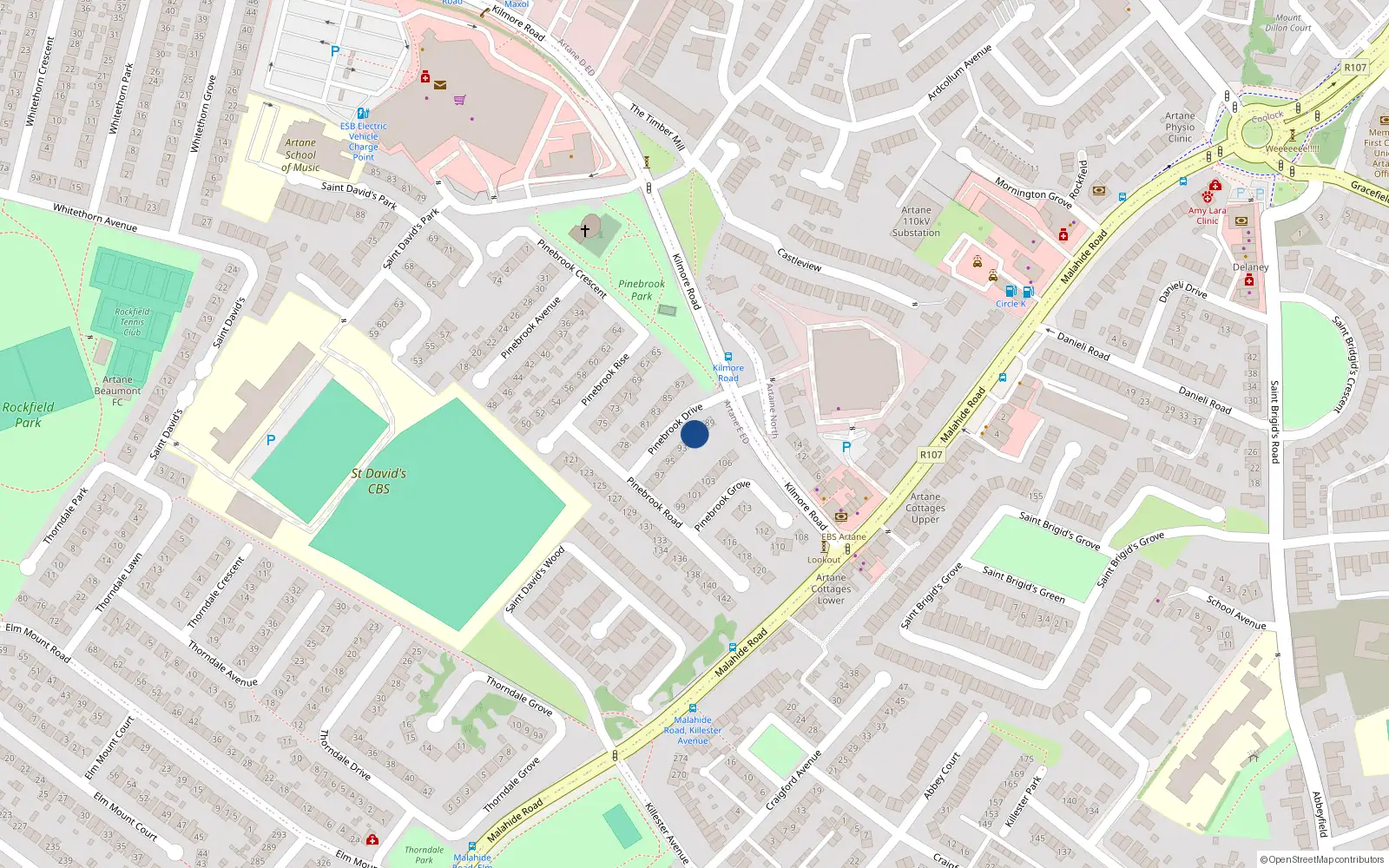 Overhead map showing the location of 91 Pinebrook Drive, Dublin 5