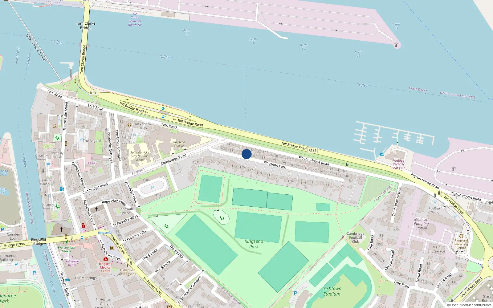 Overhead map showing the location of 91 Ringsend Park, Dublin 4