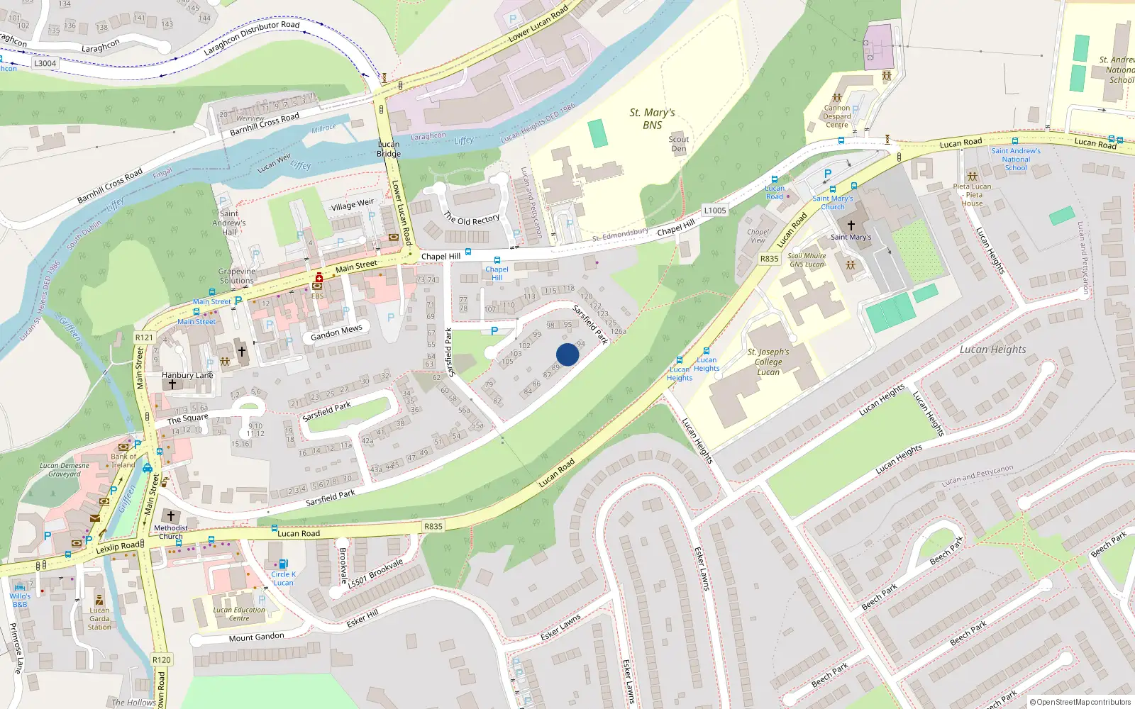 Overhead map showing the location of 91 Sarsfield Park, Lucan