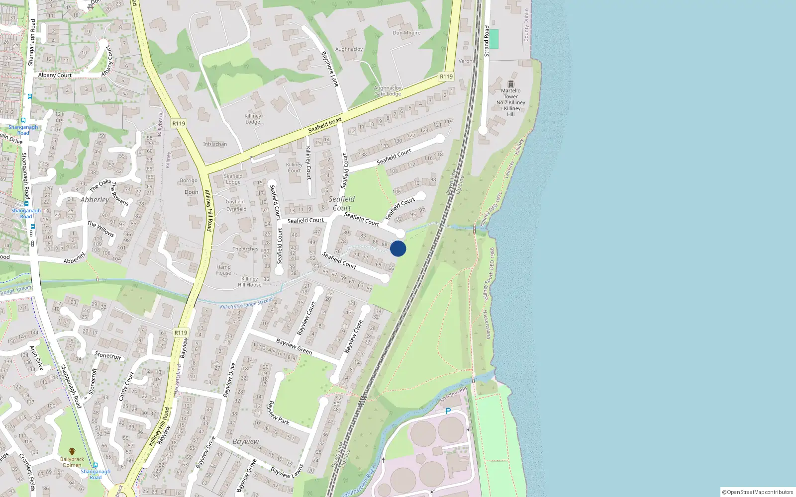Overhead map showing the location of 91 Seafield Court, Killiney
