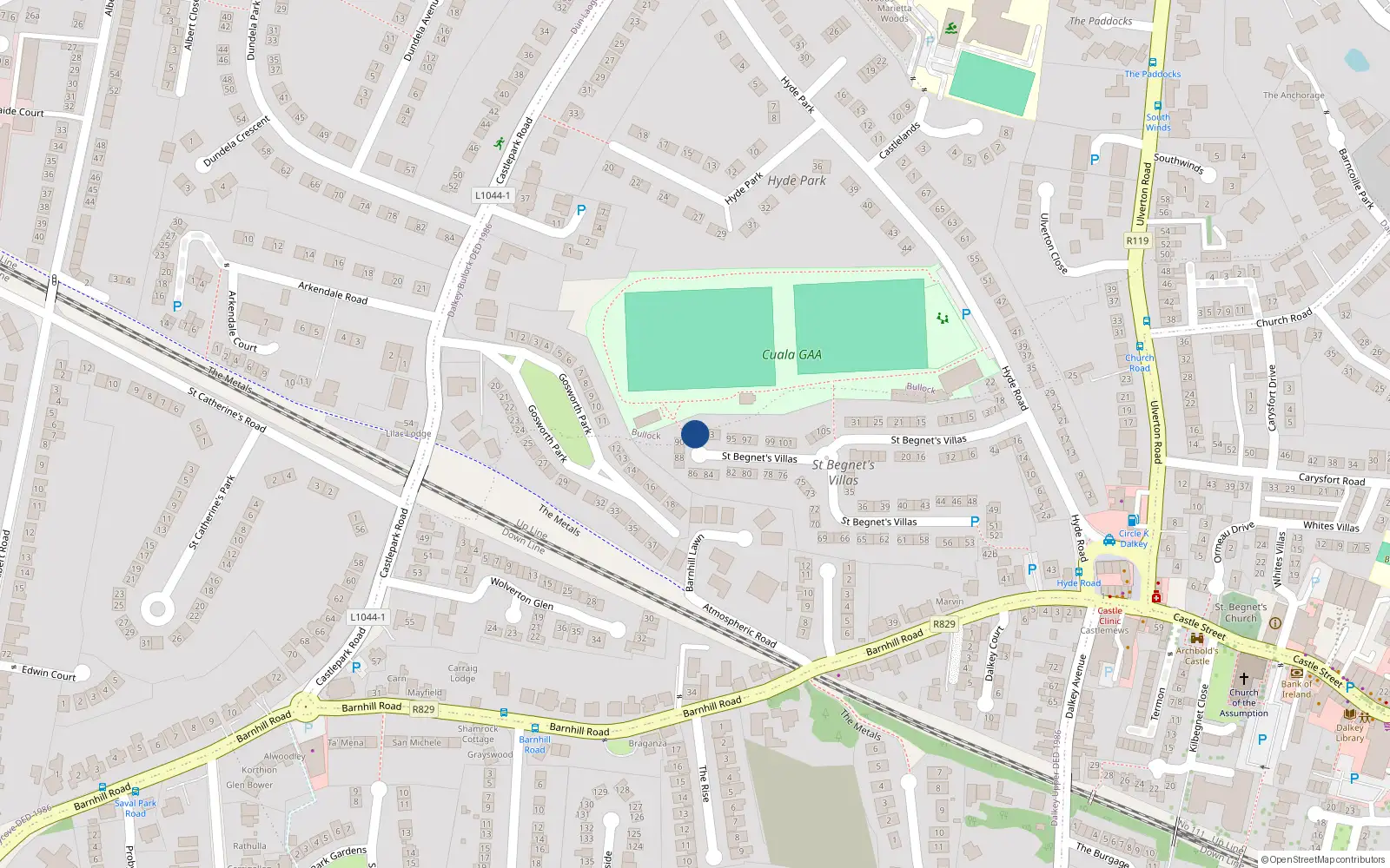 Overhead map showing the location of 91 St Begnets Villas, Dalkey, Dublin