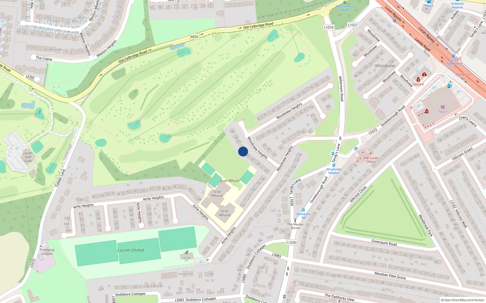 Overhead map showing the location of 91 Woodview Heights, Lucan, Dublin