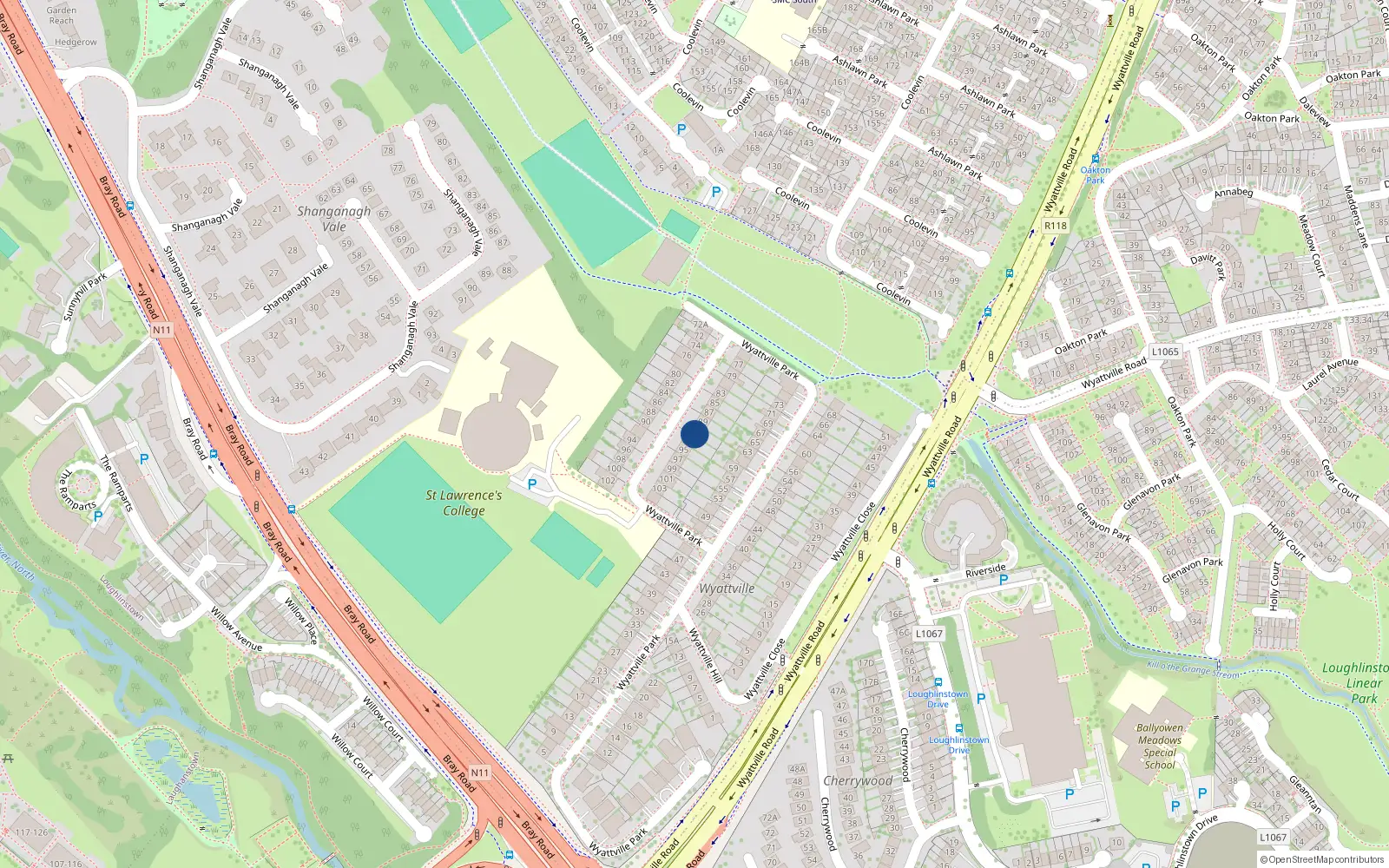 Overhead map showing the location of 91 Wyattville Park, Loughlinstown, Glenageary