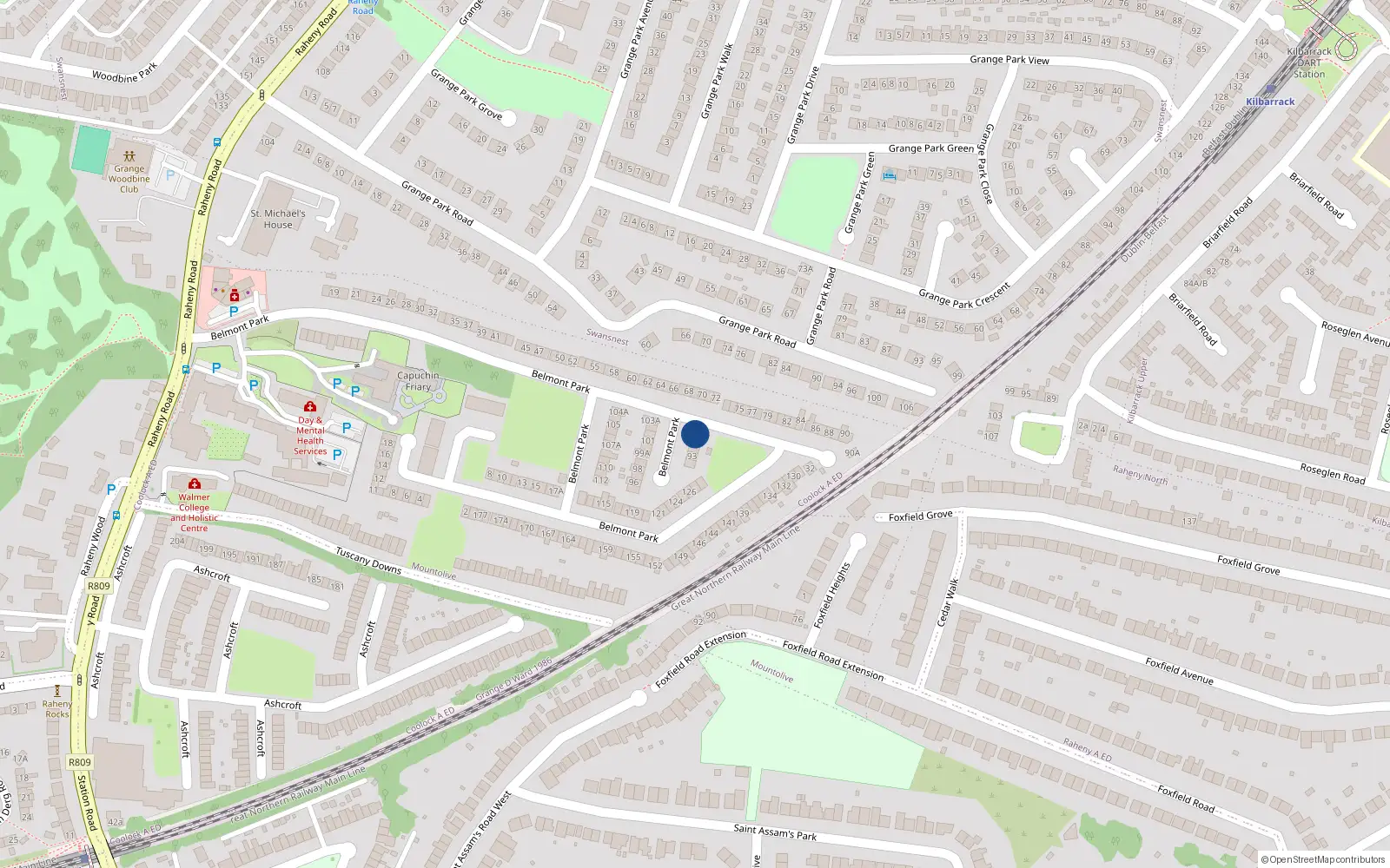 Overhead map showing the location of 91A Belmont Park, Raheny, Belmont Park