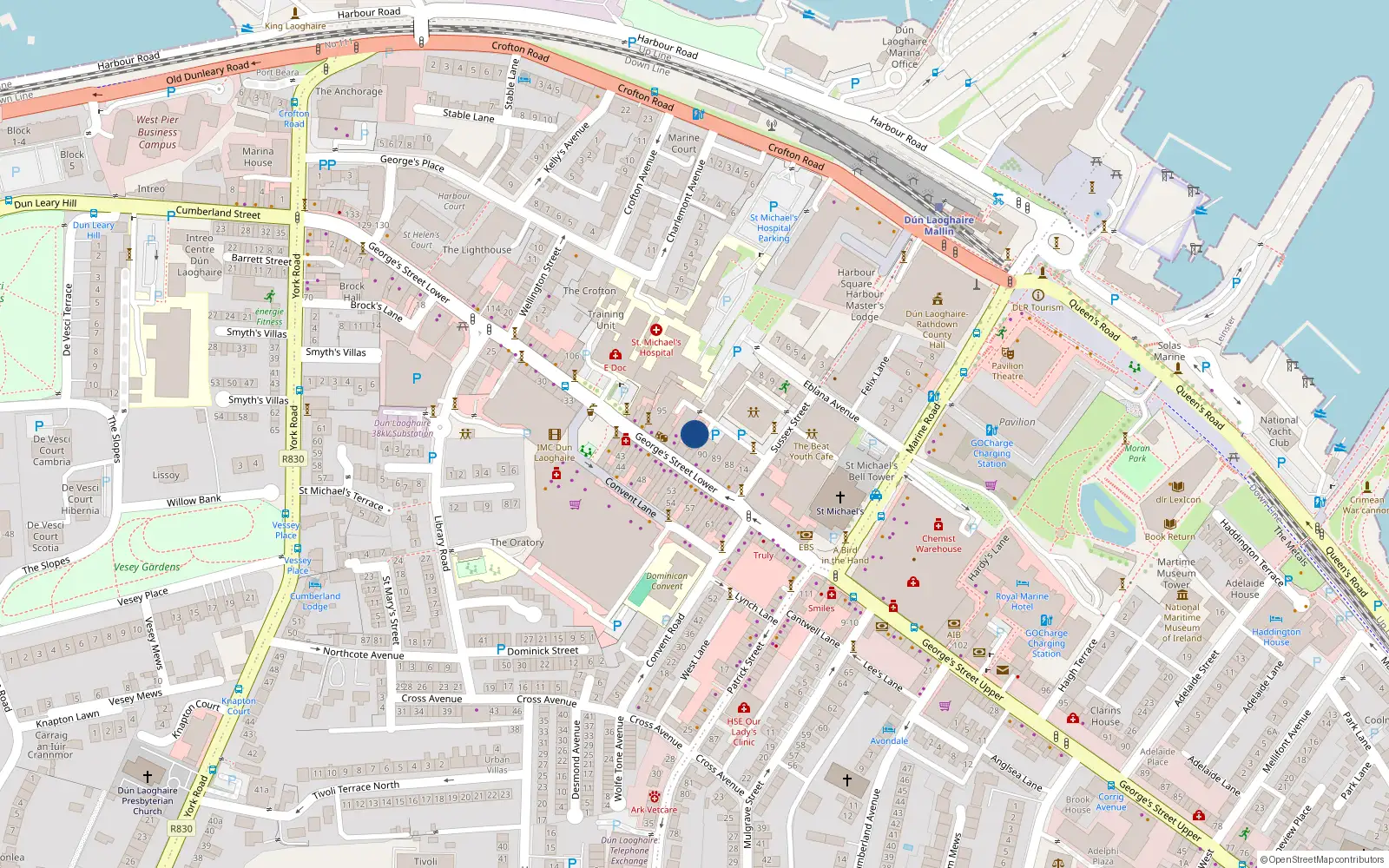 Overhead map showing the location of 91B Lower Georges St, Dun Laoghaire, Dublin