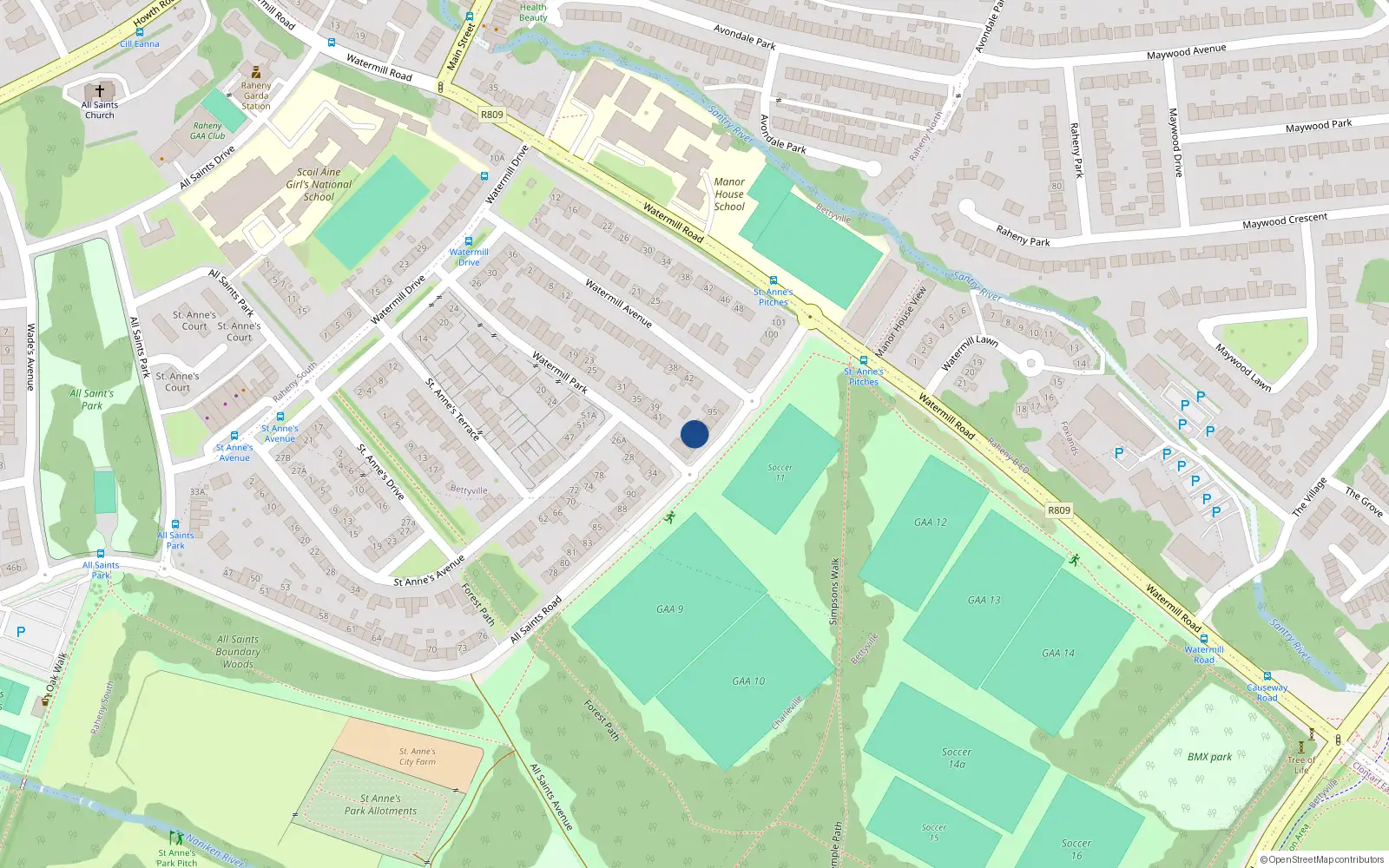 Overhead map showing the location of 92 All Saints Road, Dublin 5