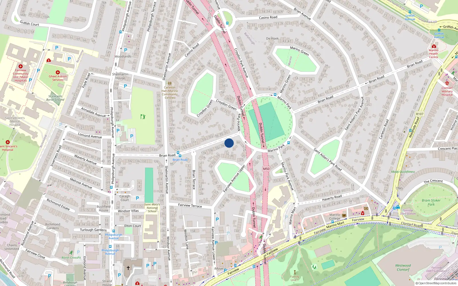 Overhead map showing the location of 92 Brian Road, Marino, Dublin 3