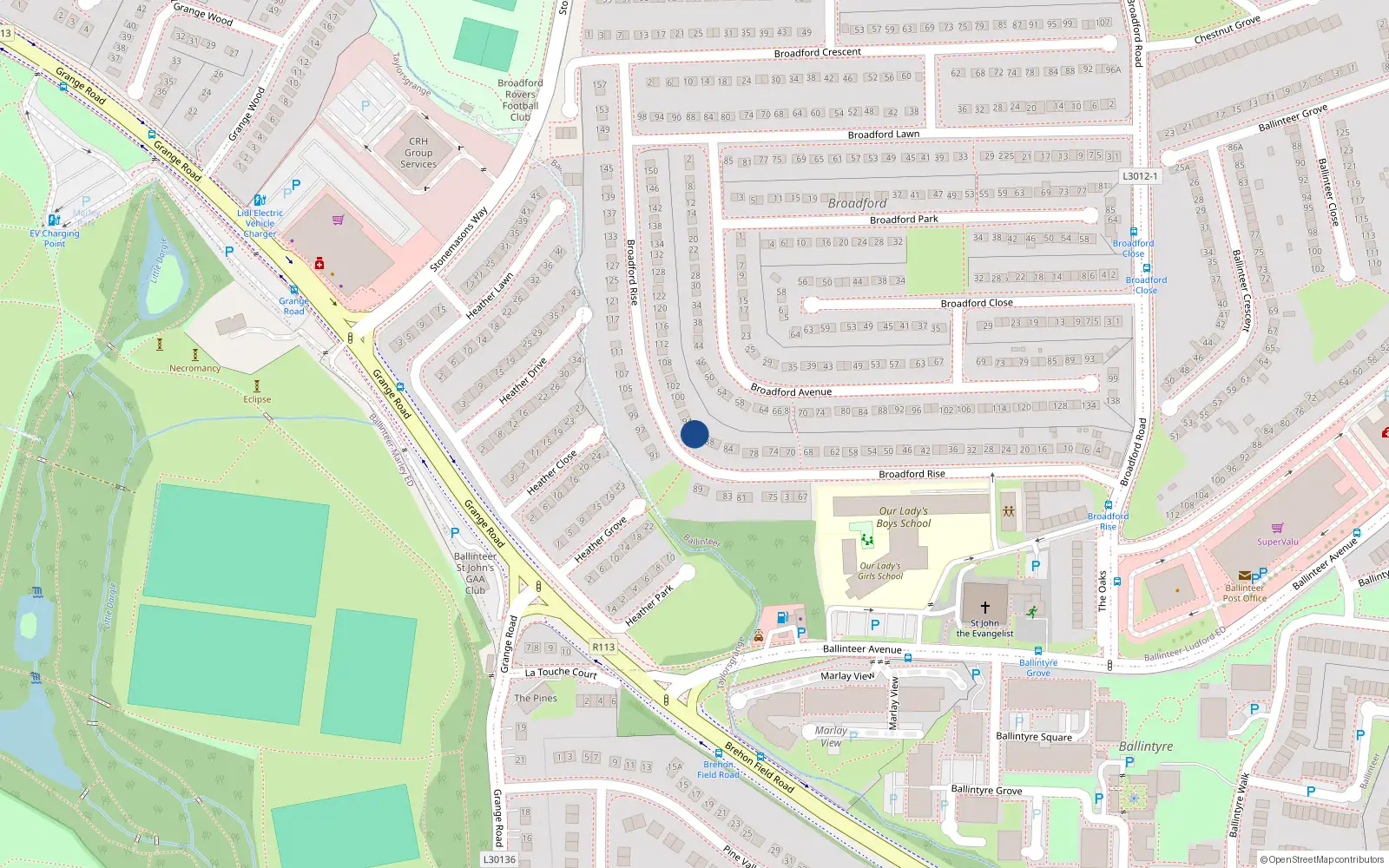 Overhead map showing the location of 92 Broadford Rise, Dublin 16