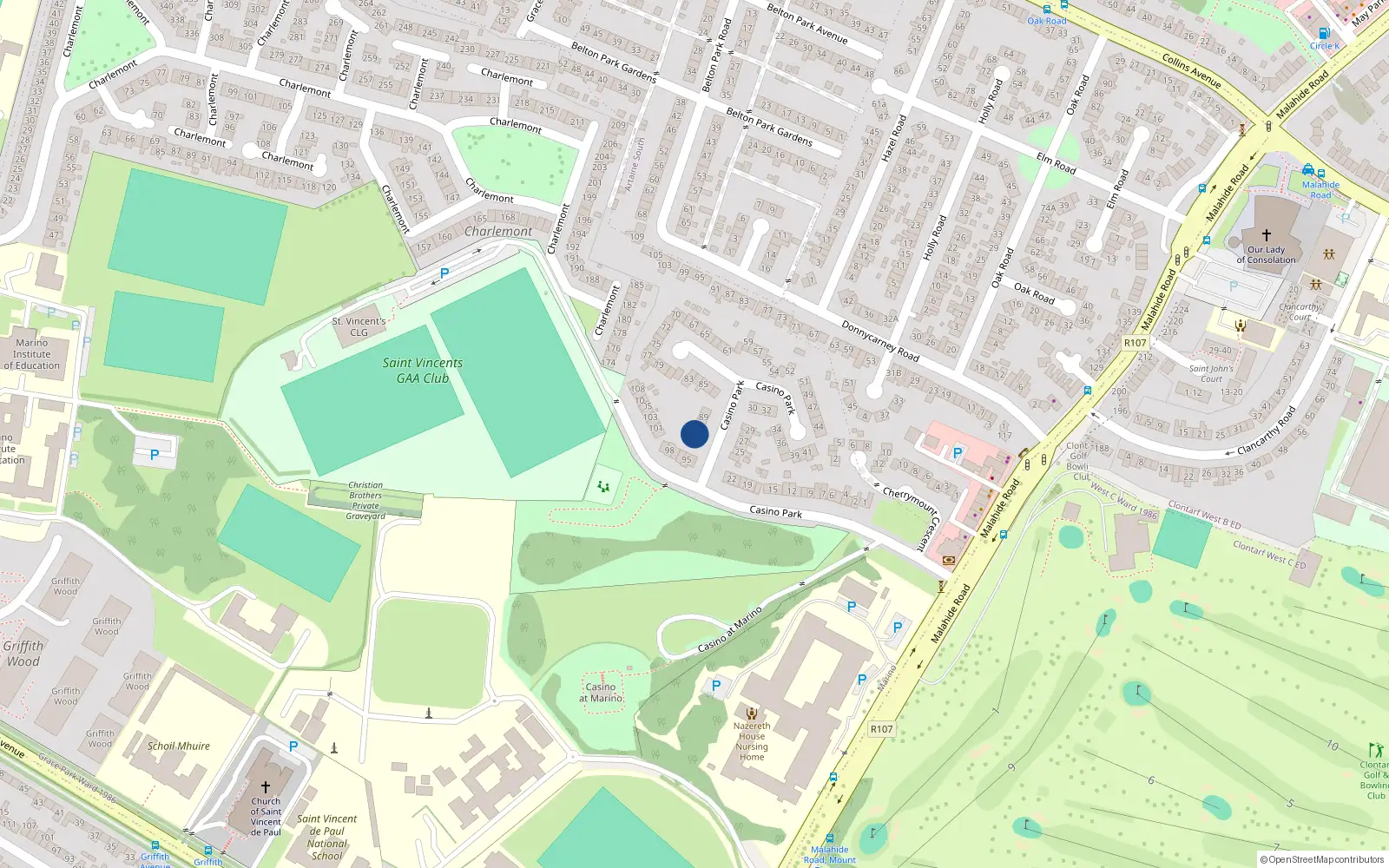 Overhead map showing the location of 92 Casino Park, Marino, Dublin 3