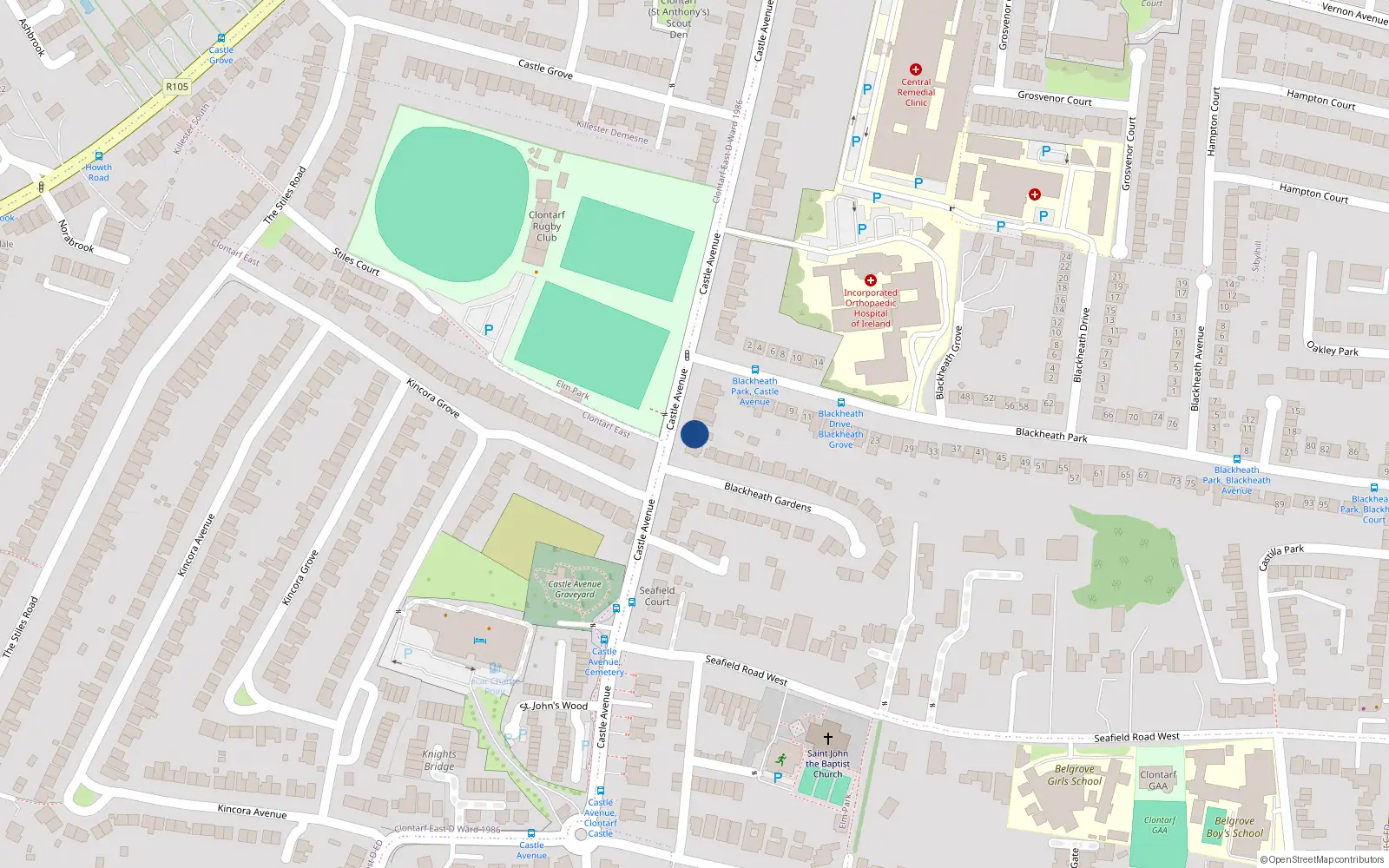 Overhead map showing the location of 92 Castle Avenue, Clontarf, Dublin 3