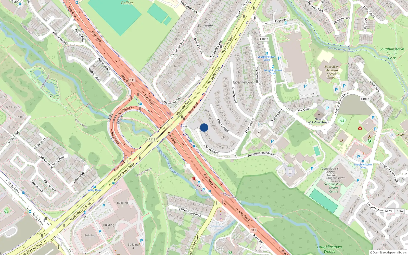 Overhead map showing the location of 92 Cherrywood, Dublin