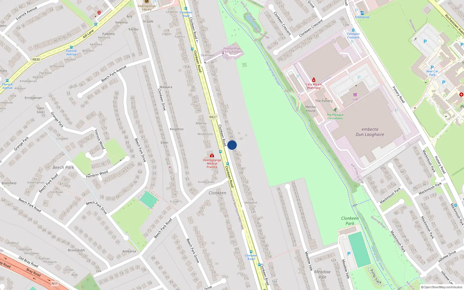 Overhead map showing the location of 92 Clonkeen Road, Blackrock