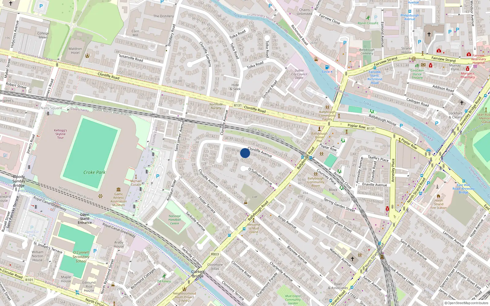 Overhead map showing the location of 92 Clonliffe Avenue, Ballybough, Dublin 3