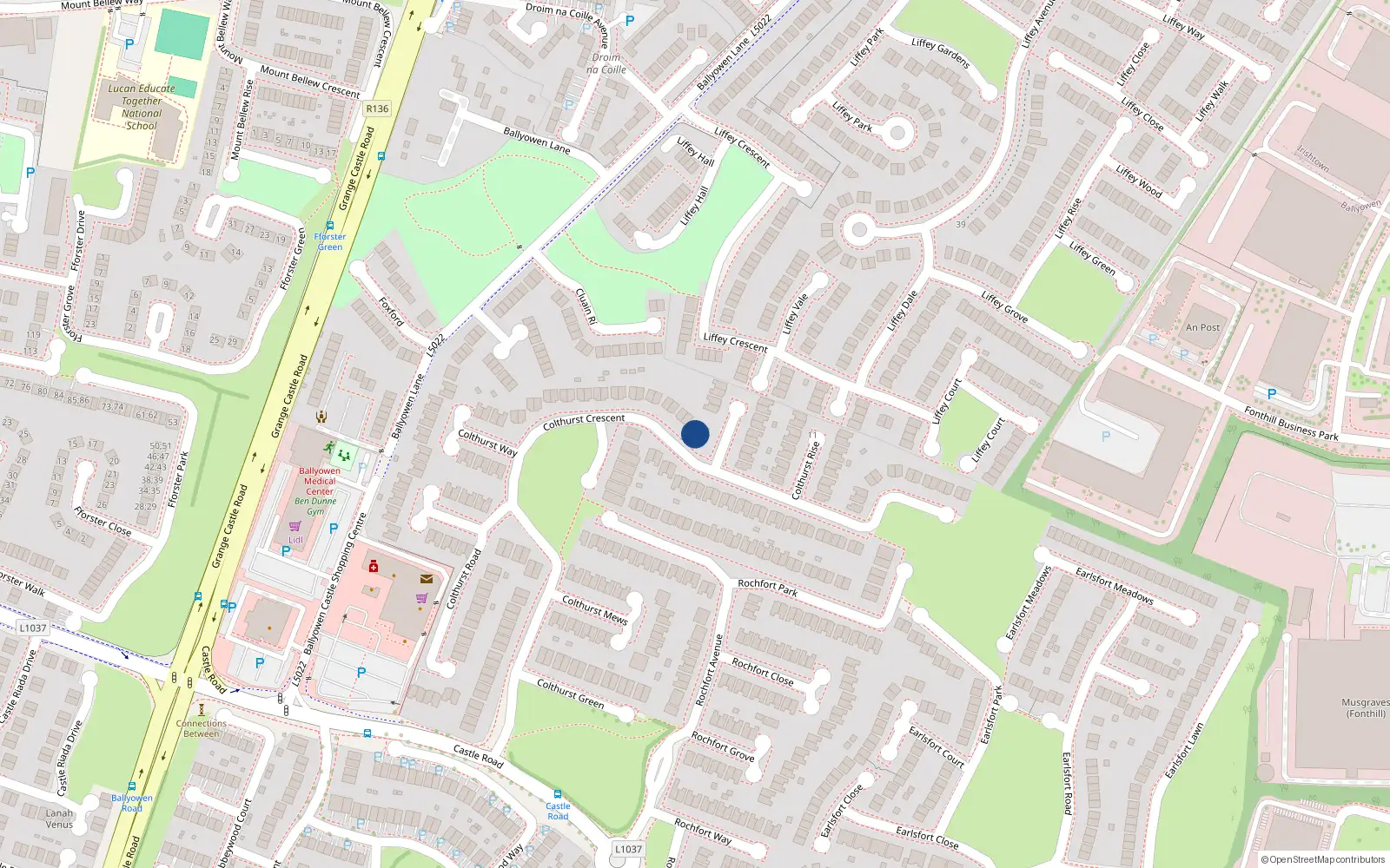 Overhead map showing the location of 92 Colthurst Crescent, Lucan