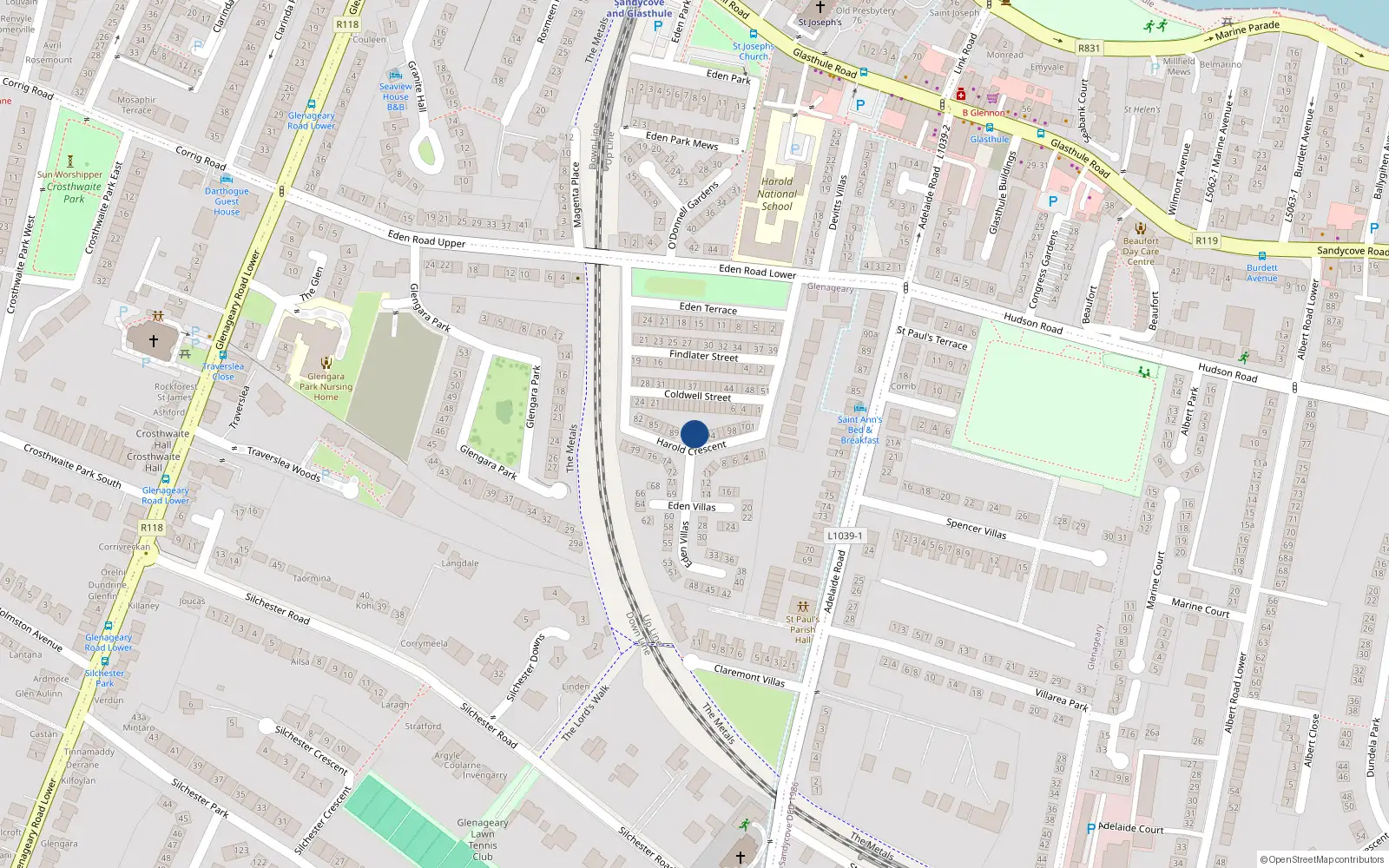 Overhead map showing the location of 92 Eden Villas, Dun Laoghaire