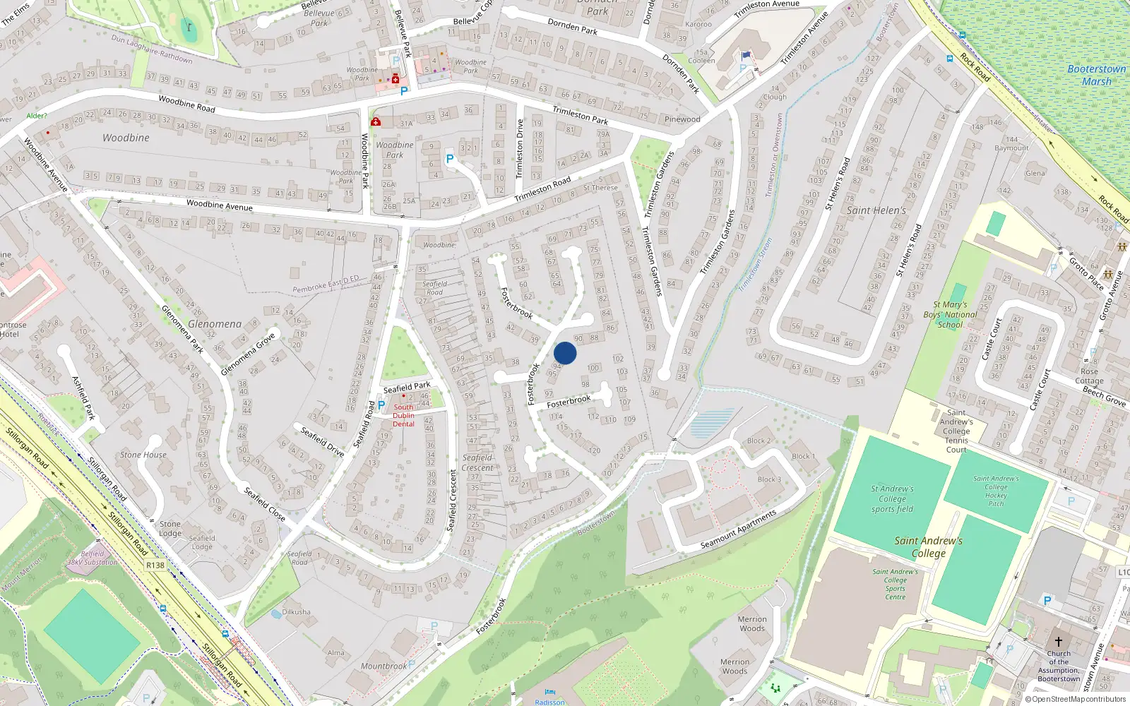 Overhead map showing the location of 92 Fosterbrook, Blackrock, Dublin