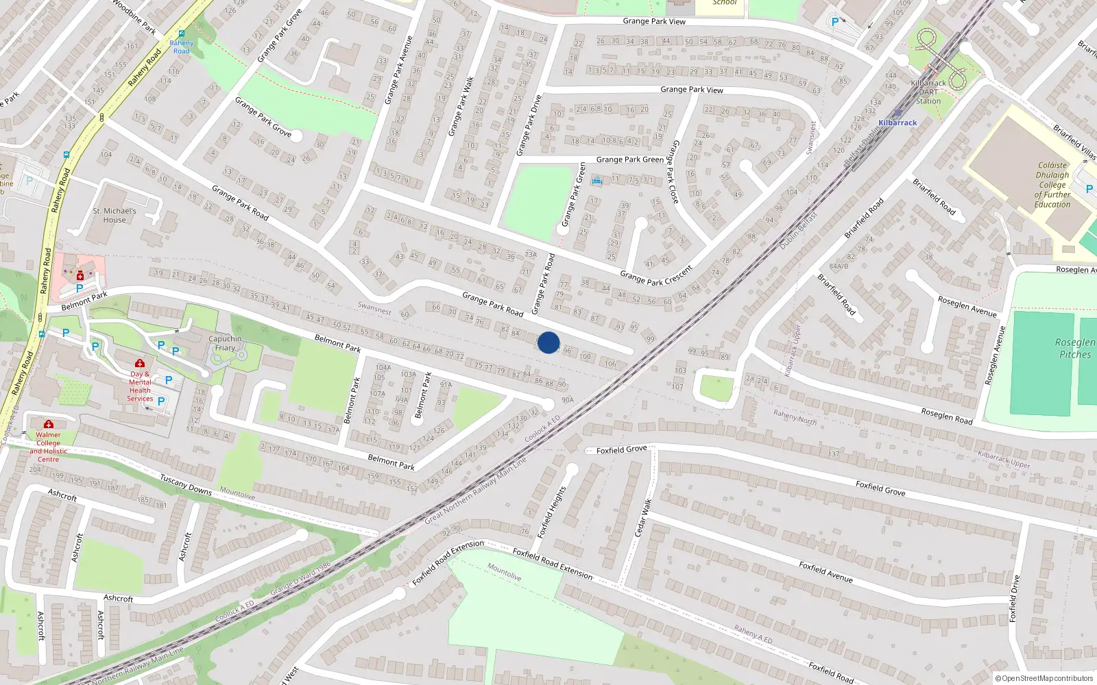 Overhead map showing the location of 92 Grange Park Road, Dublin 5