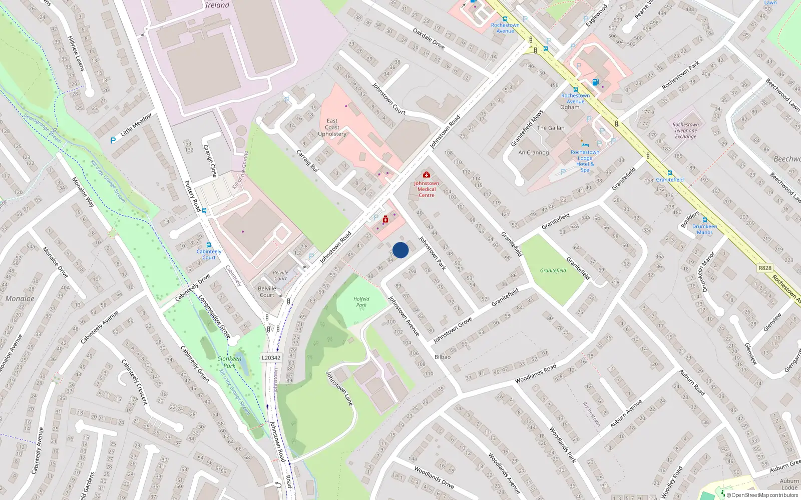 Overhead map showing the location of 92 Johnstown Avenue, Dublin