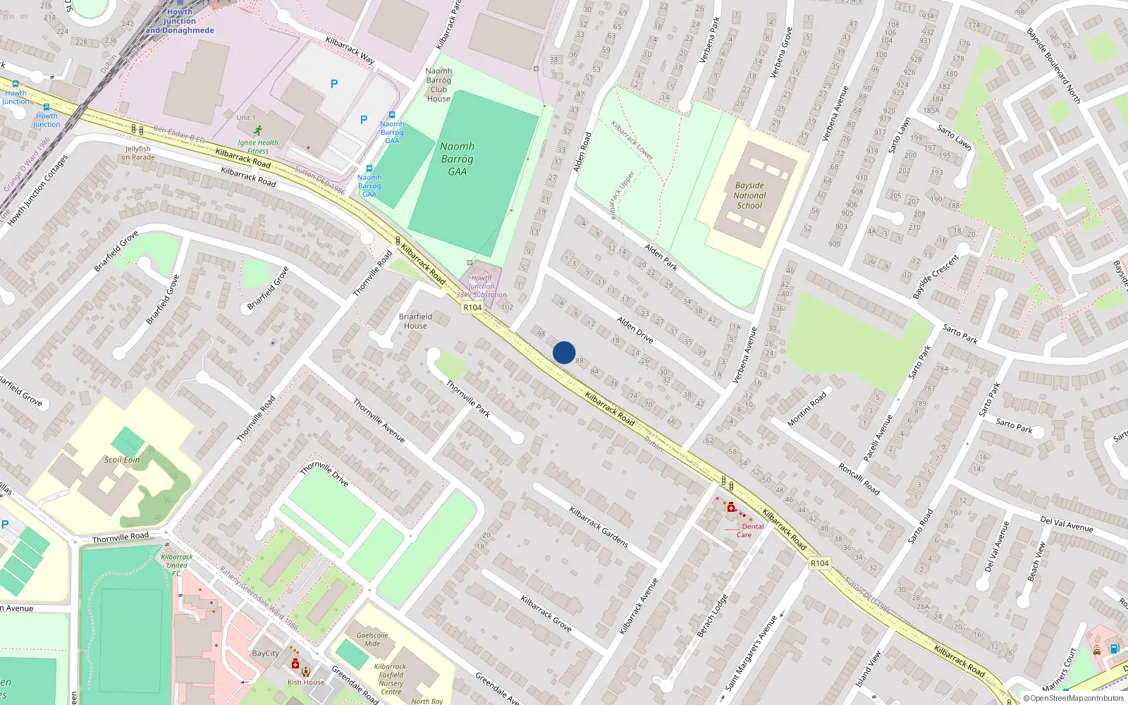 Overhead map showing the location of 92 Kilbarrack Road, Dublin 5