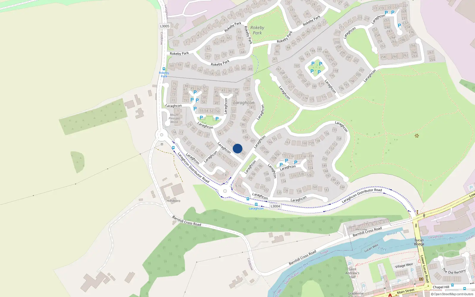 Overhead map showing the location of 92 Laraghcon, Lucan, Dublin