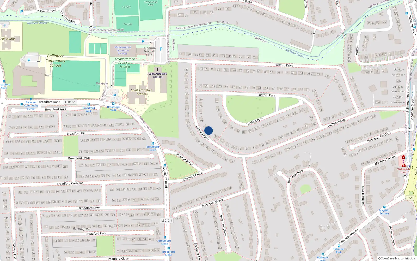 Overhead map showing the location of 92 Ludford Road, Dublin 16