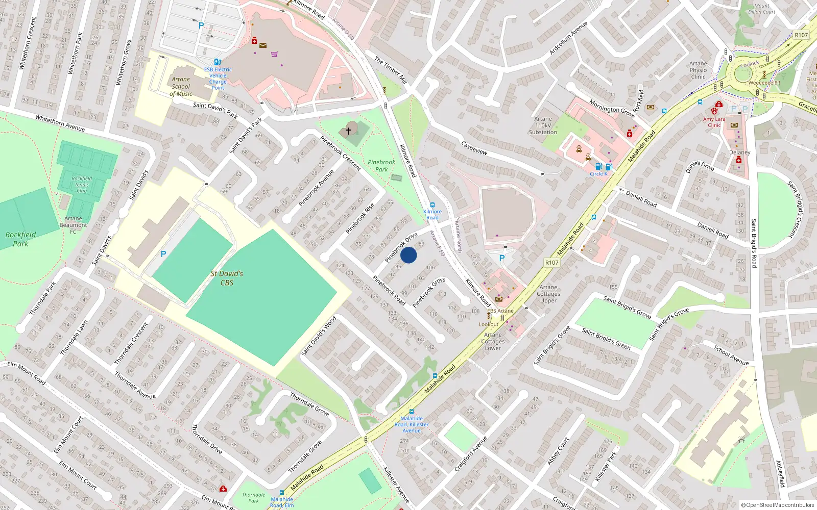 Overhead map showing the location of 92 Pinebrook Drive, Dublin 5