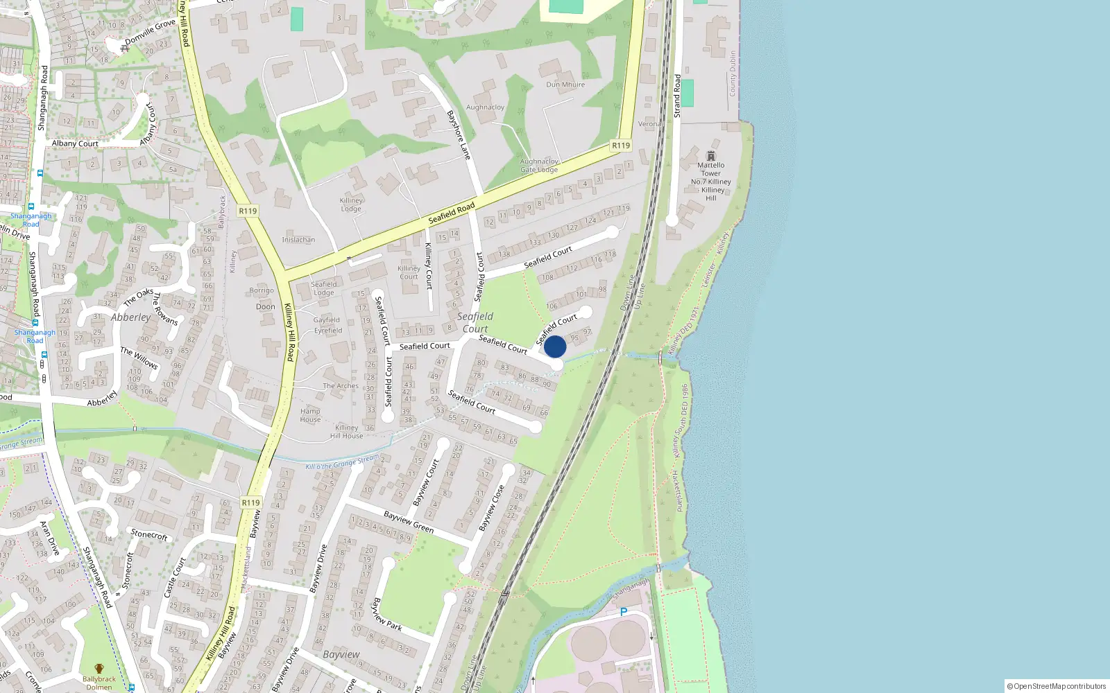 Overhead map showing the location of 92 Seafield Court, Killiney