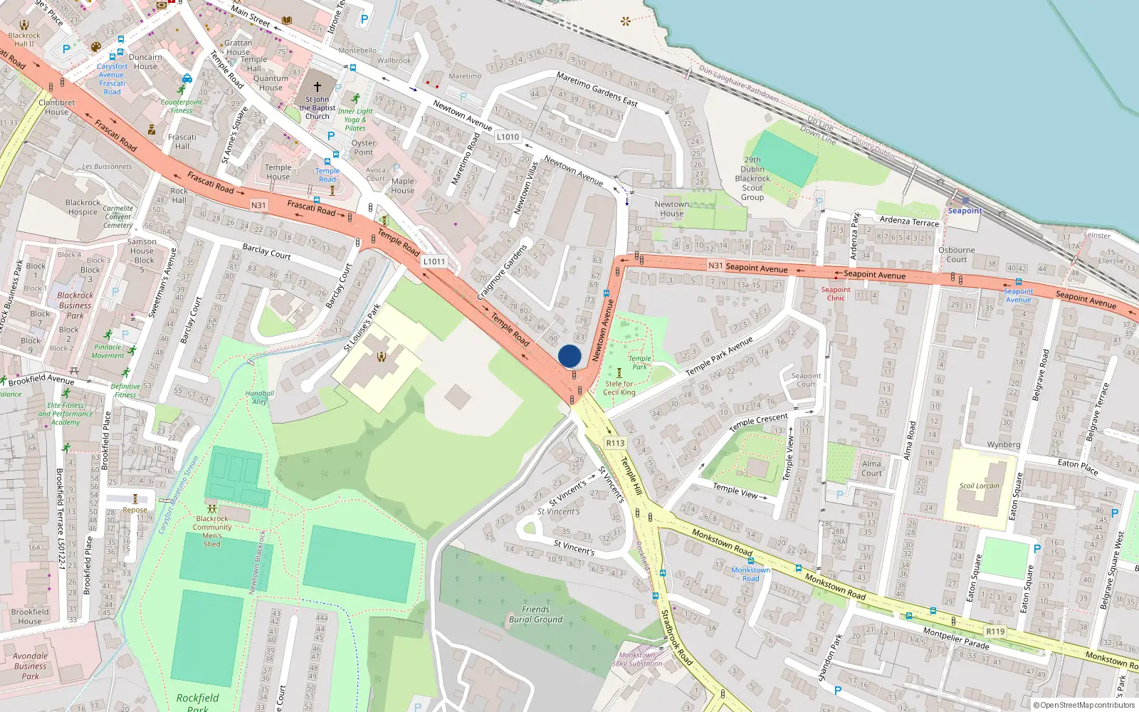 Overhead map showing the location of 92 Temple Road, Blackrock