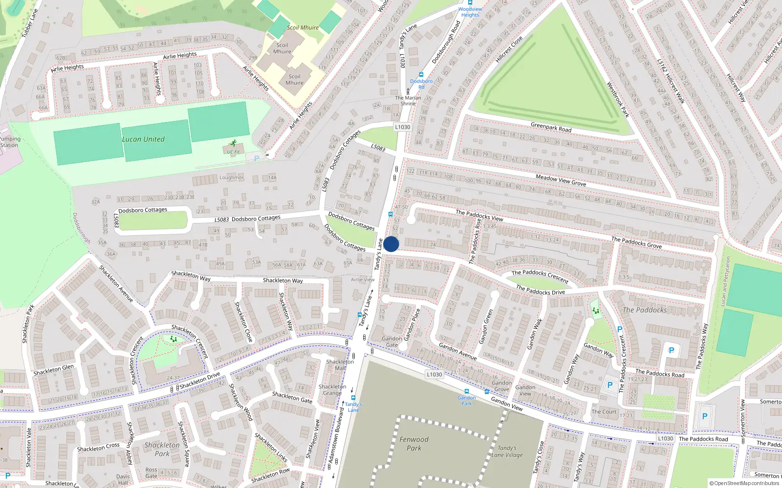 Overhead map showing the location of 92 The Paddocks Drive, Lucan