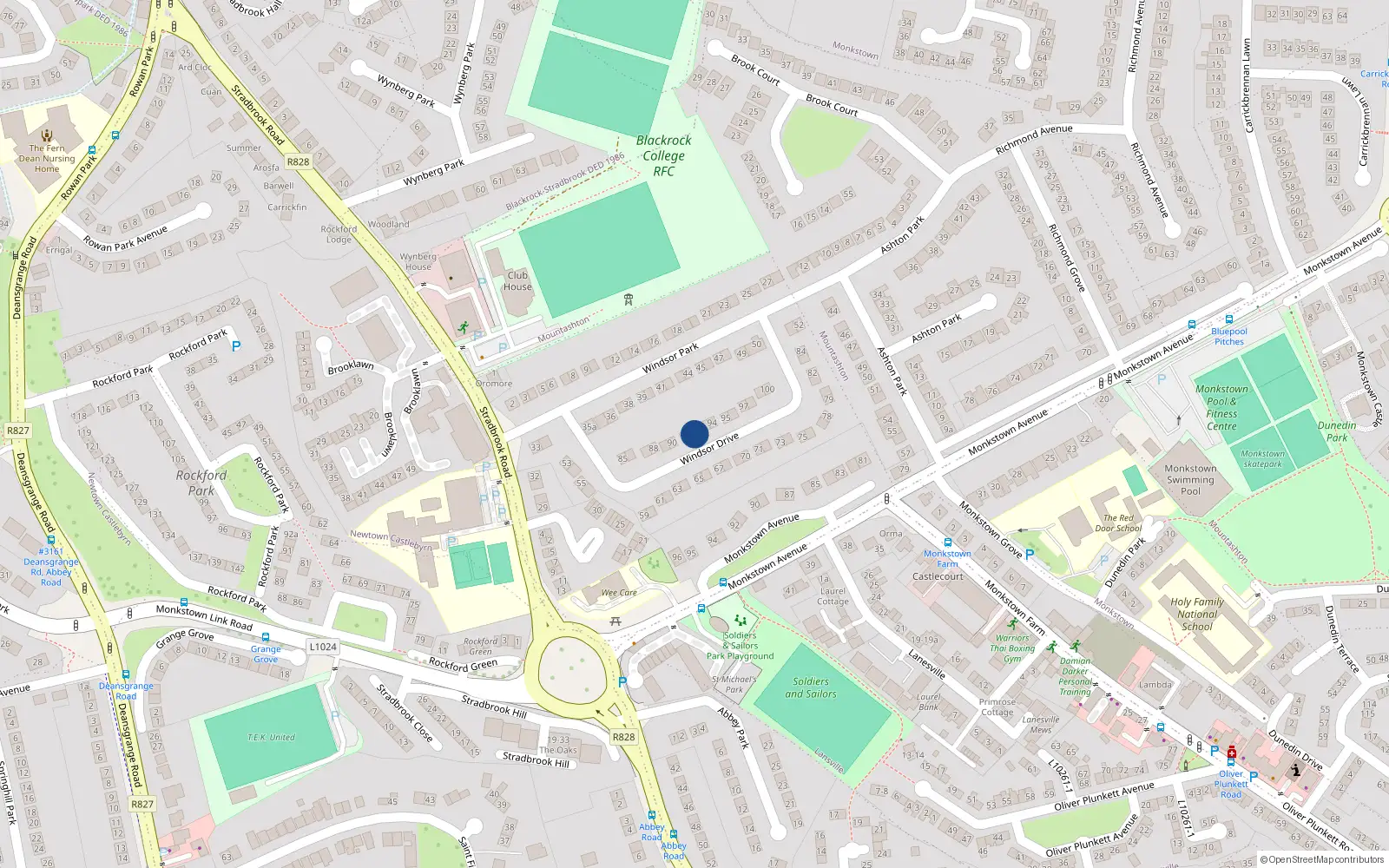 Overhead map showing the location of 92 Windsor Drive, Monkstown, Dublin