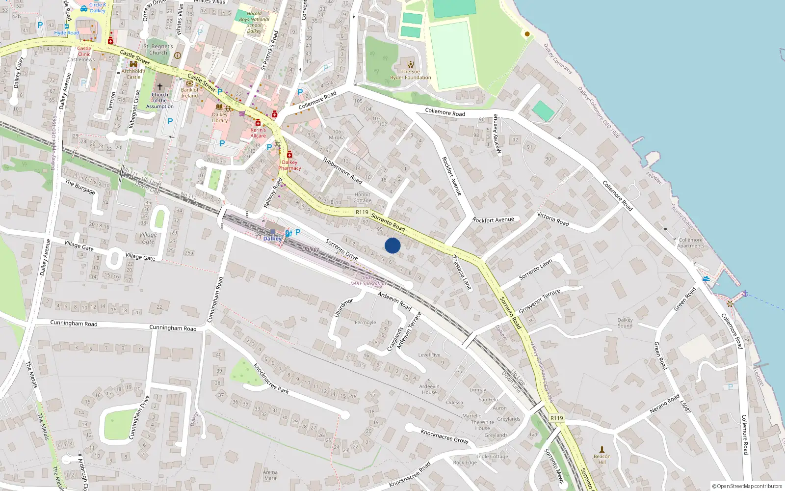 Overhead map showing the location of 92A Sorrento Road, Dalkey