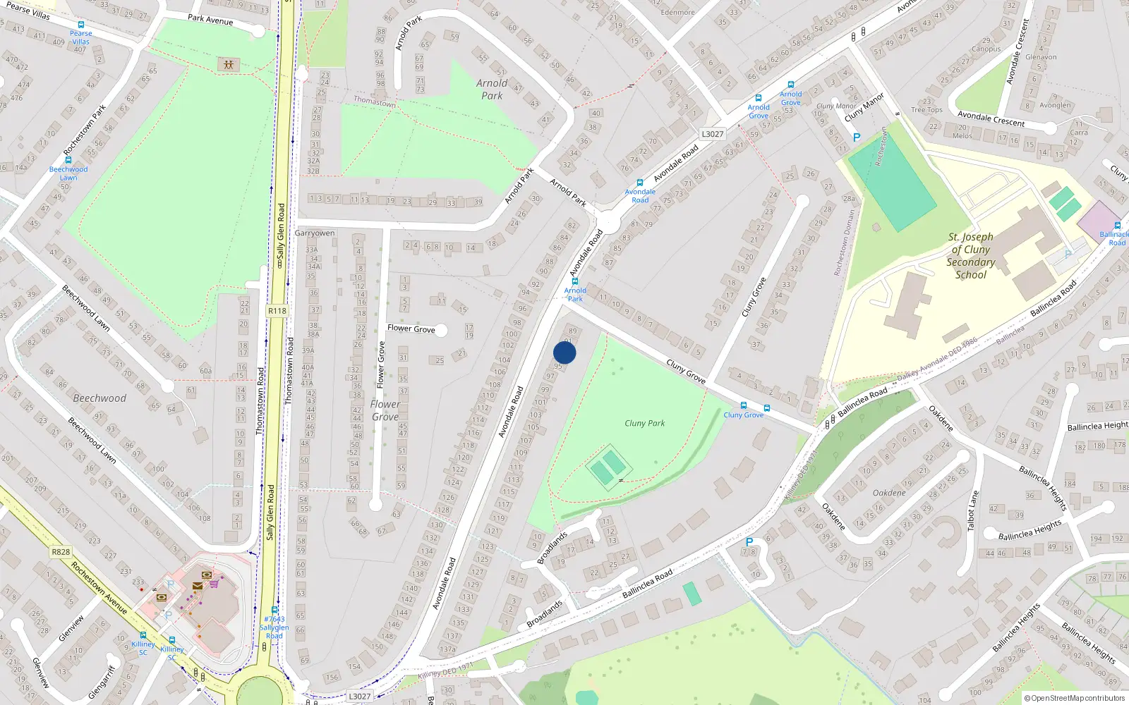 Overhead map showing the location of 93 Avondale Road, Killiney