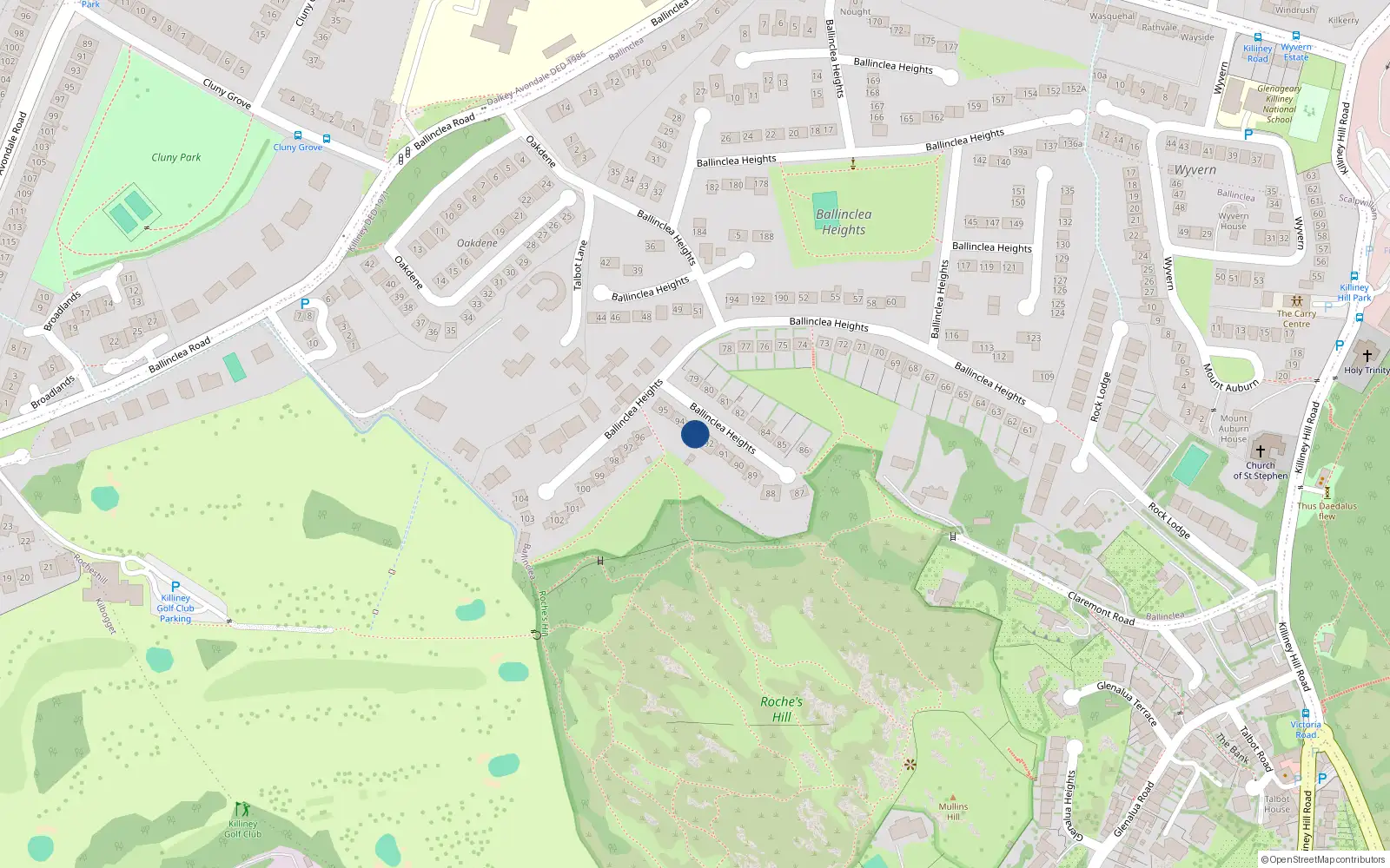 Overhead map showing the location of 93 Ballinclea Heights, Killiney